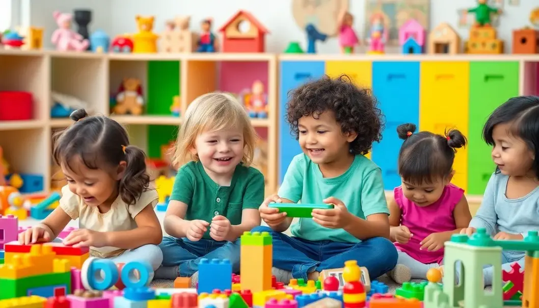 Children immersed in imaginative play with an array of toys.
