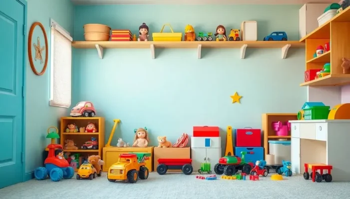A brightly lit room packed with various toys, depicting a playful and exploratory space.