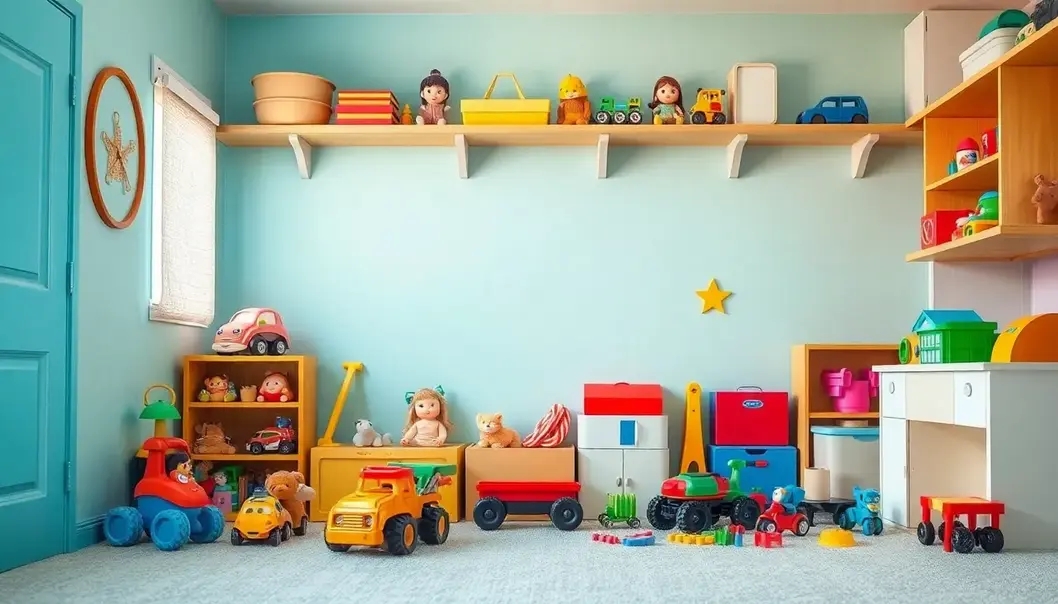 A brightly lit room packed with various toys, depicting a playful and exploratory space.