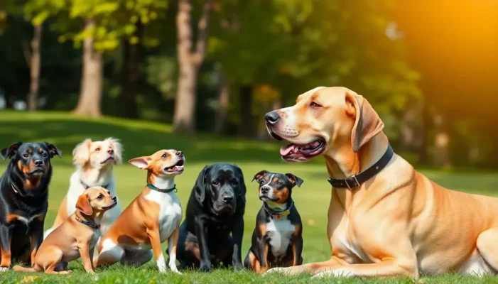 A diverse group of dogs, including a Chihuahua and a Great Dane, gathered in a park demonstrating their unique traits.