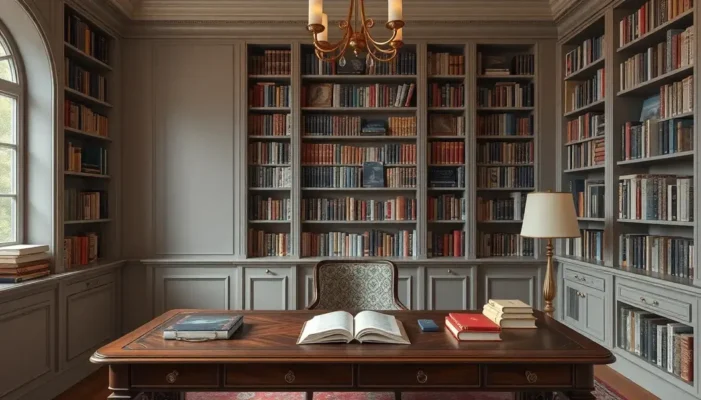 A sophisticated study with classic books and luxurious decor.