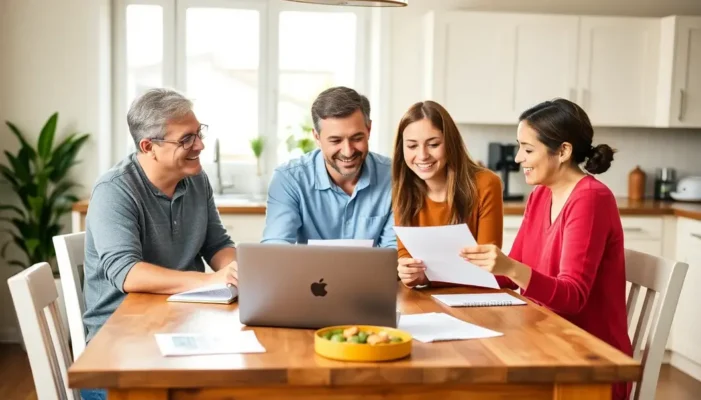 Family discussing financial habits at home, showcasing a supportive environment.